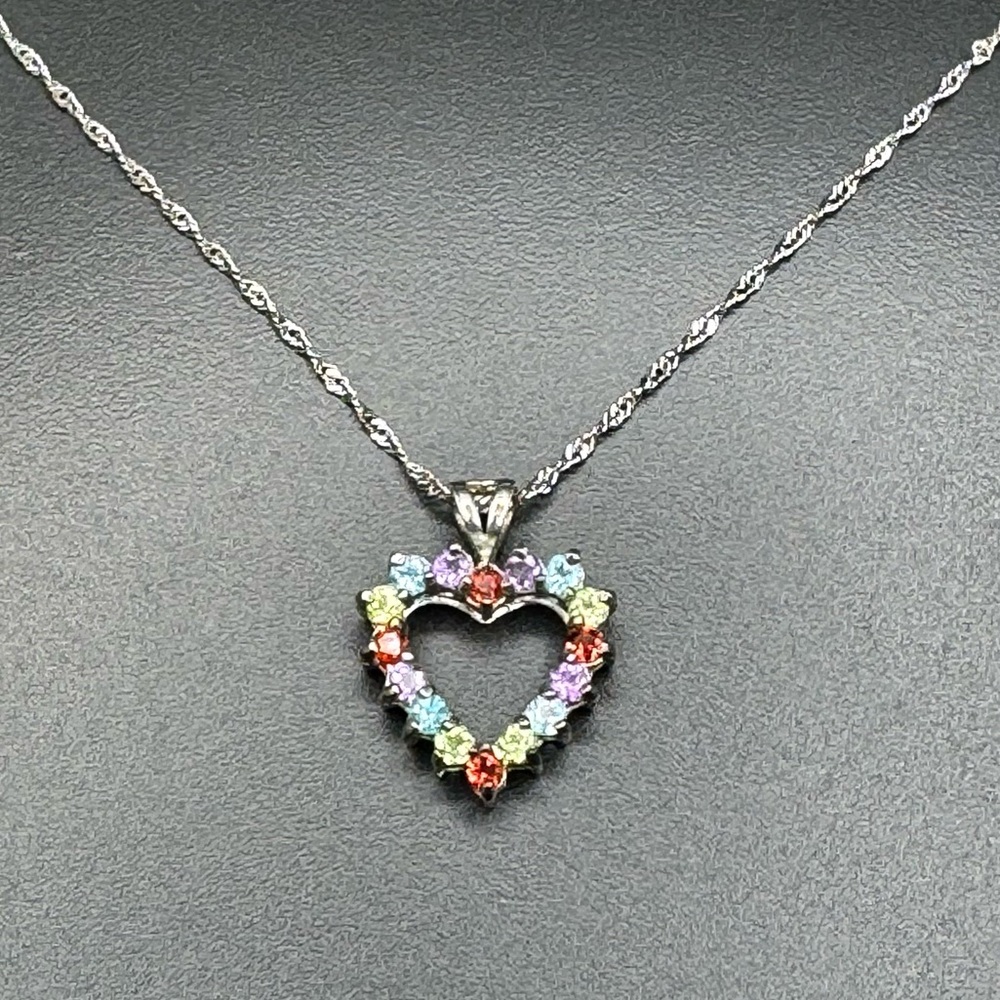 925 Sterling Silver Singapore Chain Multi-stone Heart Pendant Necklace - Picture 12 of 15